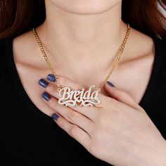 Personalize your own necklace with your name, or surprise them with a customized gift. Personalized Nameplate Necklace, Double Name, Arabic Jewelry, Name Necklace Silver, Bamboo Earrings, Jewelry Charms Pendants, Bangle Ring, Nameplate Necklace, Photo Necklace