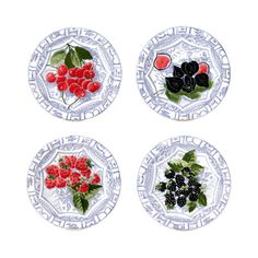 four plates with berries and blackberries on them, each one painted in different colors