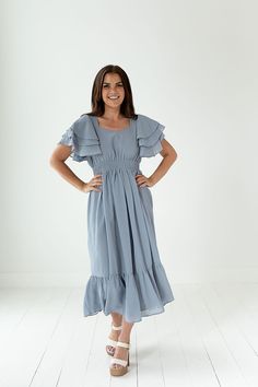 Features Sweetheart Neck Tiered sleeve dress 100% polyester Size + Fit True to size. Size Bust Length Small 34" 46" Medium 36" 46" Large 38" 46" X-Large 40" 46" Modest Dusty Blue Dress, Daywear Flutter Sleeve Midi Dress With Smocked Bodice, Flowy Chiffon Dresses With Ruffle Sleeves, Flowy Midi Dress With Ruffle Hem And Sleeve, Solid Color Flowy Midi Dress With Flutter Sleeves, Flowy Midi Dress With Flutter Sleeves, Flowy Midi Dress With Smocked Bodice And Flutter Sleeves, Fitted Midi Dress With Ruffles And Butterfly Sleeves, Modest Flutter Sleeve Summer Dresses