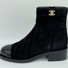 These Calfskin Suede Booties Feature A Black Patent Leather Cap Toe And Goldtone Cc Turnlock On The Sides. Side Zip. 1" Stacked Heel. Padded Leather Insole And Leather Sole. Made In Italy. Designer Color: Black. Size: 35 Eu (Insole Measures 8.75", Shaft: 5"). Typically Chanel Shoes Run Small. Brand New With The Box. Designer Winter Boots With Leather Sole, Designer Leather Winter Boots, Designer Leather Boots For Winter, Winter Designer Leather Boots, Luxury Ankle Boots For Fall, Designer Round Toe Boots For Winter, Designer Boots With Round Toe For Winter, Winter Cap Toe Boots With Rubber Heel Cap, Designer Calf Leather Boots With Rubber Heel Cap