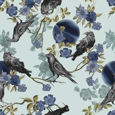 birds sitting on branches with blue flowers in the background