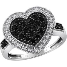 This 1/2 ct. t.w. Genuine Black and White Diamond Heart Ring in sterling silver is beautiful and elegant, just like you. There is no doubt you'll want to show off the glittering black and white diamonds every chance you get! This sterling silver ring is designed with style in mind and is sure to make you the center of attention, whichever one you choose. Add some extra sparkle to your life, you deserve to shine every day!Black diamonds are denser and weigh more than white diamonds. Therefore, bl Black Diamond Heart-shaped Jewelry, Black Diamond Jewelry For Valentine's Day, Black Heart-shaped Diamond Jewelry, Valentine's Day Black Diamond Jewelry, Black Heart Cut Rings For Valentine's Day, Black Heart Cut Rings For Anniversary, Heart Cut Rings With Pave Setting For Valentine's Day, Black Heart-shaped Ring For Anniversary, Black Promise Ring For Valentine's Day