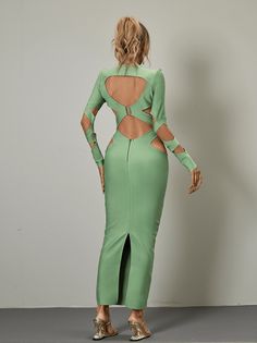 Brinly Long Sleeve Cutout Bandage Dress The Brinly Long Sleeve Cutout Bandage Dress is a siren's call for fashionistas, exuding confidence and allure with every step. This dress sets the bar high with its vibrant green hue that stands out in any crowd. Key Features Material: A blend of 95% Polyester and 5% Spandex, ensuring a sleek silhouette that contours your figure while maintaining flexibility and comfort. Stretch Factor: High Stretch, providing the perfect balance between form-fitting elegance and ease of movement. Invisible zipper opening at the back for a seamless appearance that ensures you're always in the spotlight without any visible hardware. Care Instructions Clean: Gentle machine wash to keep your dress looking its best for seasons to come, preserving the vibrant color and lu Shapewear Tops, Dress Sets, Jumpsuits And Romper, Feather Dress, Maxi Dress Green, In The Spotlight, Embellished Dress, Vibrant Green, Prom Party Dresses