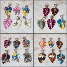 four different types of heart shaped pendants on a marble surface with polka dot dots