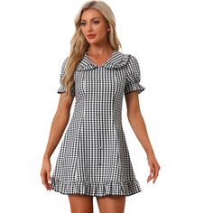 Look as cute as you do cool and collected in this Peter Pan collar dress. This fanciful Peter Pan collar mini dress is designed with a sweet collar and ruffled skirt. The beautiful gingham print dress has short puff sleeves and a mini-length skirt finished with a soft ruffle hem. Walk with a brisk in your step in the Gingham Print Wrap Mini Dress and be the center of everyone's attention. Summer Mini Dress With Ruffles And Doll Collar, Cute Mini Dress With Ruffles And Doll Collar, Puff Sleeve Mini Dress With Ruffles For Picnic, Cute Fitted Mini Dress With Doll Collar, Plaid Puff Sleeve Dress With Ruffles, Fitted Mini Plaid Dress With Ruffles, Fitted Mini Length Plaid Dress With Ruffles, Fitted Plaid Mini Dress With Ruffles, Fitted Puff Sleeve Mini Dress For Picnic