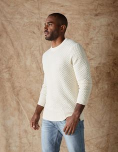 Cream Textured Knit Sweater For Everyday, Everyday Cream Textured Knit Sweater, Off White Textured Knit Crew Neck Sweater, Everyday Cable Knit Crew Neck Sweater, Textured Crew Neck Fall Sweater, Textured Crew Neck Sweater For Fall, Winter White Textured Knit Crew Neck Sweater, White Waffle Knit Sweater For Layering, Henley Sweater