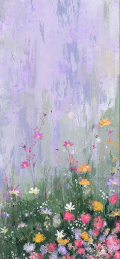 an abstract painting of flowers in the grass