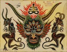 an artistic tattoo design with dragon and demon faces on it's face, surrounded by flames