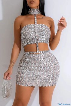 OrcaJump - Alluring Rhinestone Decorated Two-Piece Dress Set for Partygoers Fitted Party Sets With Rhinestones, Fitted Rhinestone Party Sets, Party Sets With Rhinestones, Embellished Silver Party Sets, Glamorous Party Sets For Party Season, Glamorous Sleeveless Party Set, Fitted Mini Length Party Sets, Sleeveless Party Sets With Sequins, Sleeveless Sequin Party Set