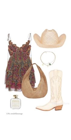 Stage Coach Outfits 2024, White Cowboy Outfits For Women, Outfit With Brown Cowgirl Boots, Outfit For Hot Days, Nashville Inspo Outfits, Cowgirl Club Outfit, Kings Of Leon Concert Outfit, Phish Concert Outfit, Boho Concert Outfit Summer