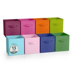 multicolored storage bins with labels on the front and bottom, set of 12