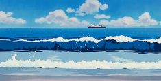 a painting of a boat in the ocean on a sunny day with blue sky and white clouds