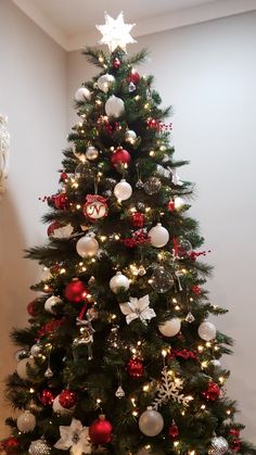 a decorated christmas tree with red and white ornaments