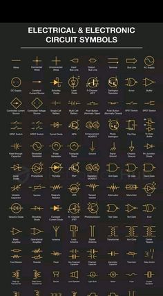 the electrical and electronic circuit symbols are shown in gold on a black background with white lettering