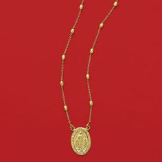 Ross-Simons - Italian 18kt Yellow Gold Over Miraculous Medal Beaded Station Necklace. 20". Based on a vision of the Holy Mother Mary, the Miraculous Medal is one of the most popular religious jewelry items of the Catholic faith. In gleaming 18kt yellow gold over sterling silver, this devotional pendant suspends from a cable chain lined with oval bead stations. Crafted in Italy. Lobster clasp, 18kt yellow gold over sterling silver Miraculous Medal necklace. Gold-tone Beaded Jewelry, Spiritual Necklace With Beaded Chain And Round Pendant, Gold Pendant Necklace With Single Strand, Spiritual Beaded Chain Necklace With Round Pendant, Yellow Gold Oval Pendant With Lobster Clasp, Spiritual Gold Jewelry With Gold Beads, Spiritual Beaded Chain Jewelry With Round Pendant, Luxury Long Yellow Gold Beaded Necklace, Long Yellow Gold Jewelry With Beaded Chain