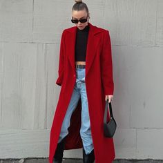 Turn-Down Collar Long-Sleeved Luxury Elegant Long Jacket Red Coat Outfit Winter, Red Trench Coat Outfit, Long Jacket Outfit, Red Coat Outfit, Red Jacket Outfit, Fire Fashion, Vampire Style, Mantel Outfit, Long Coat Outfit