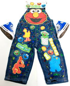 the sesame street overalls are made from old jeans