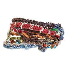 Colorful Glass Beaded Macrame Bracelets (Set of 7) - Boho Histories | NOVICA Adjustable Multicolor Artisan Wrap Bracelet, Adjustable Artisan Beaded Friendship Bracelet, Artisan Adjustable Beaded Bracelets For Friendship, Adjustable Fair Trade Beaded Bracelets For Friendship, Traditional Braided Bracelet With Sliding Knot, Bohemian Bracelet With Adjustable Cord And Round Beads, Bohemian Bracelets With Adjustable Cord And Round Beads, Adjustable Macrame Braided Friendship Bracelets, Traditional Adjustable Braided Bracelet With Sliding Knot