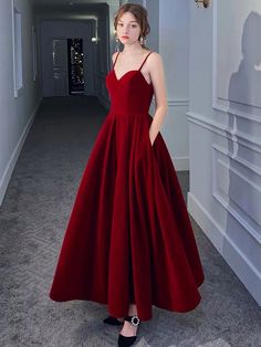 Evening Dress A Line Sweetheart Neck Velour Floor Length Pockets Formal Party Dresses Ankle Length Prom Dress, Simple Evening Gown, Prom Dresses 2020, 파티 드레스, Burgundy Prom Dress, Formal Party Dress, Dresses 2020, Fall Collection, Formal Party