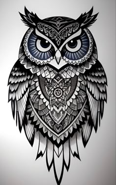 an owl with large eyes and ornate patterns on it's body is drawn in black ink