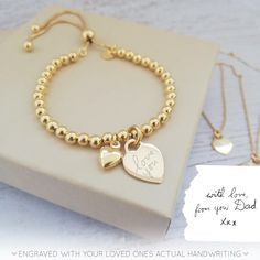 "Our beautiful range of engraved handwriting jewellery makes a beautiful dedication to a loved one, all it takes is a photo of their handwriting for our engraving team to work from. This beautiful yellow gold bracelet combines a yellow gold heart charm, perfect for engraving a name or a short message from a handwriting sample, alongside a dinky yellow gold puffed heart charm. The yellow gold vermeil heart charm measures 12mm across the front of the heart and sits centrally on a yellow gold verme Carton Texture, Handwriting Samples, Outfits Skirts, Engraved Handwriting, Handwriting Jewelry, Slider Bracelet, Beautiful Range, Personalised Jewellery, Gold Vermeil Jewelry