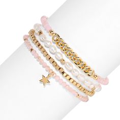 Experience the simple beauty of our Baroque Pearl & Shell Pink Crystal 4 Bracelet Set. Adorn your wrist with a real freshwater baroque pearl bracelet, complemented by 2 sparkling Shell Pink glass crystal bracelets. One featuring a 14k gold plated chain and the other a gold plated star. The strong-stretch design guarantees a flawless fit for most. Trendy Gold Pearl Bracelet Gift, Trendy Gold Pearl Bracelet As Gift, Feminine Gold Jewelry For Jewelry Making, Elegant Pink Gold-plated Bracelets, Trendy Rose Gold Charm Bracelet For Party, Trendy Pink Gold Plated Jewelry, Trendy Pink Gold-plated Jewelry, Gold Beaded Pearl Charm Bracelet, Trendy Pearl Charm Jewelry For Party