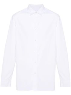 white cotton poplin texture spread collar long sleeves buttoned cuffs rear curved hem front button fastening White Long Sleeve Dress Shirt With Concealed Placket, Modern White Long Sleeve Dress Shirt, Modern Long Sleeve Dress Shirt With Concealed Placket, City Shorts, Balenciaga Triple S, Summer Beach Wear, Sweaters Knitwear, Poplin Shirt, Light Jacket