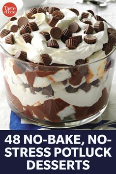 an image of no bake desserts in a glass bowl with chocolate chips on top