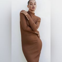 Never Wornzara #0014/006 Chic High Neck Ribbed Dress, Brown Ribbed Midi Sweater Dress, Brown Ribbed Long Sleeve Bodycon Dress, Elegant Brown Midi Bodycon Dress, Elegant Long Sleeve Ribbed Midi Dress, Brown Ribbed Midi Dress For Winter, Winter Brown Ribbed Midi Dress, Elegant Brown Bodycon Dress, Elegant Beige Long Sleeve Bodycon Dress