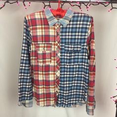 This Is The Essence Of Boho Chic! This Amazing Artisan De Luxe Flannel Features Different Fabrics To Create This Unique Flannel. The Detail Stone On The Back Add Even More. ~Size Medium ~Open To Offers! Upcycle Shirt, Upcycle Clothes, Different Fabrics, Red Blue, Boho Chic, Red And Blue, Anthropologie, Button Down Shirt, Essence