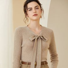 V Neck Cashmere Sweater For Women Tie Long Sleeve Cashmere Sweater - slipintosoft Elegant Long Sleeve Sweater For Fall, Long Sleeve Fall Sweater With Bow, Fall Sweater With Bow And Long Sleeves, Long Sleeve Sweater With Bow For Fall, Elegant Sweater For Work In Spring, Elegant Spring Sweater For Workwear, Elegant Spring Sweater For Work, Elegant Long Sleeve Winter Sweater, Elegant Winter Sweater For Workwear