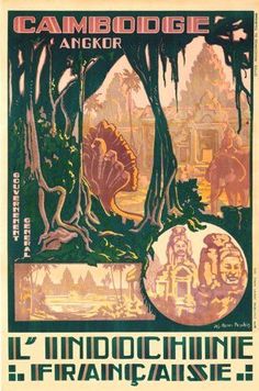 an old poster with trees and animals in the background, says cambodge angkor