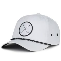 This white Golf hat is the perfect accessory for your next round of 18 holes. The performance polyester fabric brings lightweight and comfort to your new favorite baseball style golf hat. The crossed golf club patch and rope accent bring the style to a tremendously comfortable hat. This classic hat will complement any look, even if youre only there to drive the cart. Size: OSFM.  Gender: male.  Age Group: adult. Sporty Six-panel Snapback Hat For Golf, White Breathable Six-panel Snapback Hat, Breathable White Six-panel Snapback Hat, White Breathable Snapback Hat With Curved Bill, White Breathable 5-panel Baseball Cap, White Breathable Flat Bill Baseball Cap, Adjustable Golf Baseball Cap With Curved Bill, Sporty Golf Baseball Cap With Curved Bill, Adjustable Curved Bill Baseball Cap For Golf