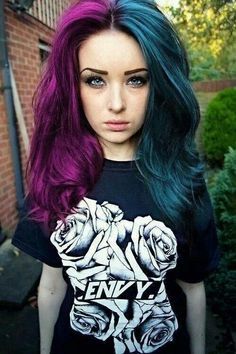 Red Violet Hair Color, Blue And Purple Hair, Red Violet Hair, Violet Hair Colors, Half And Half Hair, Split Dyed Hair, Violet Hair, Teal Hair, Different Hair Colors