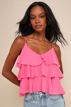 Everyone will be on your side whenever you style the Lulus Tier Me Out Hot Pink Chiffon Tiered Ruffled V-Neck Cami Top! Airy woven chiffon shapes this sunny day top with a flattering V-neckline supported by adjustable spaghetti straps. The relaxed bodice boasts tiers of fluttering ruffles as it falls to a slightly cropped hem. Fit: This garment fits true to size. Bust: Great for any cup size. Waist: Loosely Fitted. Undergarments: May be worn with a strapless bra, adhesive bra, petals, or no bra. Chiffon Cami Tops, Black Top Summer, Pink Cami Top, Hot Pink Tops, Pink Chiffon, Adhesive Bra, Swimming Outfit, Chiffon Ruffle, Pink Tank Top