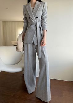 Women's Gray Wool Blend Belted Double Breasted Blazer Wide Leg Pants Suit Elegant Tailored Double-breasted Sets, Chic Tailored Double-breasted Sets, Elegant Workwear Sets With Double Button Closure, Elegant Double Breasted Suit For Winter Office Wear, Elegant Double Breasted Suit For Office Wear In Winter, Elegant Double Breasted Suit For Winter, Elegant Double-breasted Sets For Spring, Chic Double Breasted Winter Suit For Work, Chic Double Breasted Winter Office Suit