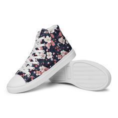 Women's Cherry Blossom Print high top canvas shoes, Floral High Top Sneakers Don't forget to treat your feet with care! The classic, stylish high top canvas shoes will be a great addition to your wardrobe. * 100% polyester canvas upper side * Ethylene-vinyl acetate (EVA) rubber outsole * Breathable lining, soft insole * Faux leather toe cap * Padded collar, lace-up front * Blank product sourced from China Important: This product is available in the following countries: United States, Canada, Aus Spring Cotton High-top Sneakers With Round Toe, Trendy Spring Canvas High-top Sneakers, Trendy Spring High-top Canvas Sneakers, Summer Cotton High-top Sneakers With Round Toe, Cotton High-top Sneakers With Round Toe For Summer, Spring Cotton High-top Sneakers, Spring High-top Sneakers, High-top Cotton Sneakers For Spring, Spring Canvas High-top Sneakers With Round Toe