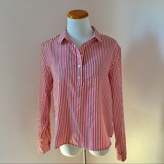 Lumiere New With Tags Red Stripped Button Down Shirt Blouse Size S Open To Resonable Offers Approx Measurements: Pit To Pit 18.5” Shoulder To Shoulder 16” Shoulder To Hem 23” Red Top With Striped Collar For Spring, Classic Red Top With Striped Collar, Red Spring Top With Striped Collar, Red Summer Top With Striped Collar, Red Shirt With Striped Collar For Spring, Black Cold Shoulder Top, Strip Blouse, Doll Blouse, Floral Chiffon Blouse