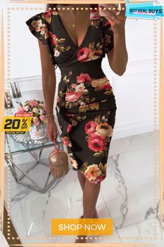 Casual Print Flounce V Neck Pencil Skirt Dresses(10 Colors) Spring Pencil Skirt Dress For Date Night, Spring Date Night Pencil Dress, Spring Party Dress With Pencil Skirt Shape, Floral Print Knee-length Bodycon Dress For Date Night, Fitted Knee-length Dress For Date, Pencil Skirt Dress, Dress Skirt, Womens Bottoms, Pencil Skirt