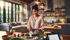 a woman is cutting vegetables on a kitchen counter with a laptop and tablet computer in front of her