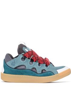 Curb low-top sneakers from Lanvin featuring blue, anthracite grey, calf leather, intarsia knit, cut-out detailing, pull-tab at the tongue, front lace-up fastening and flat rubber sole. | Lanvin Curb low-top sneakers Lanvin Curb Sneaker, Curb Sneaker, Lanvin Sneakers, Lanvin Men, Burberry Shop, Lanvin Shoes, Mule Sneakers, Exclusive Shoes, High Quality Shoes