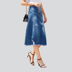 Make a bold statement this summer with the 2023 Spring-Summer Collection's distressed hem midi denim skirt! This 90s-style. medium wash. high-waist skirt features a drawstrings closure for a unique and edgy look.Why You'll Love Itââ‚?/strong> Grunge Galore: Inspired by the iconic '90s grunge movement. this skirt exudes an effortlessly cool attitude. Distinctive Distressed Pattern: Expertly crafted wear and tear. capturing a raw. unfiltered essence. Sleek Slim Fit: Designed to hug your silhouette Denim Blue Midi Denim Skirt For Summer, Denim Blue Midi Length Skirt For Summer, Summer Midi-length Denim Skirt, Summer Denim Skirt With Frayed Hem, Summer Denim Jeans With Drawstring, Trendy Summer Jeans With Drawstring, Trendy Spring Denim Midi Skirt, Trendy Midi Denim Skirt For Spring, Summer Drawstring Denim Jeans