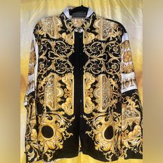 Versace Tribute Baroque 1992 100% Silk Size It 44 / Medium No Returns Fitted Luxury Gold Shirt, Luxury Long Sleeve Gold Shirt, Luxury Formal Baroque Print Tops, Designer Formal Tops With Baroque Print, Luxury Gold Long Sleeve Top, Designer Baroque Print Tops For Formal Occasions, Luxury Long Sleeve Gold Top, Luxury Printed Tops For Formal Occasions, Designer Gold Top For Formal Occasions