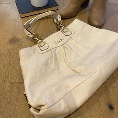 New Without Tags Condition. Carried Once! Cream Color Leather, With Pink Satin Interior. Cream Coach Bag, Coach Cream Bags With Removable Pouch, Coach Bags With Removable Pouch In Cream, Coach Cream Double Handle Bag, Coach Cream Bag With Detachable Handle, Coach Cream Satchel Bag, Coach Cream Bag For Errands, Everyday Cream Coach Satchel, Everyday Coach Cream Satchel