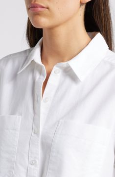 The classic Oxford button-up gets a comfortable refresh with a boxy, slightly oversized silhouette cut from cool, breathable cotton. 21 1/2" length (size Medium) Front button closure Spread collar Long sleeves with button cuffs Chest patch pockets 100% cotton Machine wash, tumble dry Imported Everyday Shirt With Shirttail Hem And Placket, Everyday Shirt With Placket And Shirttail Hem, Everyday Collared Shirt With Rolled Sleeves, Collared Shirt With Rolled Sleeves For Everyday, Everyday Button-up Shirt With Rolled Sleeves, White Unstructured Everyday Shirt, Everyday White Shirt With Placket, Everyday White Relaxed Fit Shirt, Relaxed Fit Collared Everyday Shirt