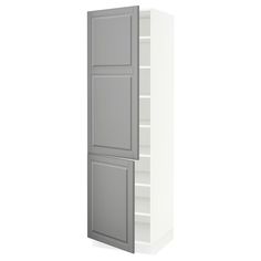 a tall white bookcase with two doors on the front and one door open to reveal an empty shelf