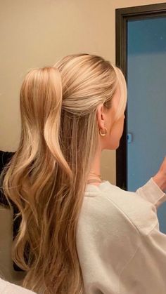 not mine Half Up Half Down Hair Pictures, Feminine Ponytail, Hairstyle Aesthetic Girl, Hairstyle Prom, Hairstyle Examples, Curling Wand, Slicked Back Hair, Peinados Fáciles Para Cabello Corto, Hair Stylies