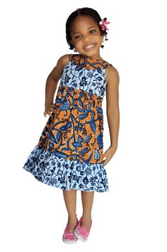 Blue and Brown African Print Dress for Girls for special occasions or casual wear Traditional Print Unique look! Brown African Print, Ankara Styles For Kids, Africa Fashion Style, African American Fashion, Traditional African Clothing, African Dresses For Kids, African Fashion Designers, Afrikaanse Mode, African Children