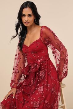 You'll twirl your way into everyone's heart in the Lulus Darling Charisma Wine Red Mesh Embroidered Midi Dress! Elegant floral embroidered mesh shapes a sweetheart neckline (with hidden no-slip strips) and sheer, long balloon sleeves (with elasticized shoulders and cuffs) that can be styled on or off the shoulders. A tying sash belt punctuates the high waist that sits atop a flowy skater skirt that ends at a chic midi hem. Hidden back zipper/clasp. Fit: This garment fits true to size. Length: Mid-calf length. Size medium measures 47.5" from shoulder to hem. Bust: Great for any cup size. Waist: Fitted - very fitted at natural waist. Hip: Not Fitted - fuller skirt allows room for hips. Undergarments: May be worn with a strapless bra, adhesive bra, petals, or no bra. Fabric: Fabric has no str Knot Tie Dress, Valentine Outfits For Women, Midi Dress Floral, Midi Dress Elegant, Mesh Midi Dress, Embroidered Midi Dress, Adhesive Bra, Valentines Outfits, Long Balloons