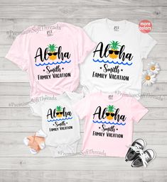 Family Summer T-shirt With Name Print, Fun Pink Tops For Family Occasions, Playful Summer Family T-shirt, Pink Family Matching Shirt For Summer, Fun Short Sleeve Tops For Family Reunion, Playful Family T-shirt For Summer, Playful Summer T-shirt For Family Events, White Short Sleeve Shirt For Family Vacation, Casual Pink Shirt For Family Occasions